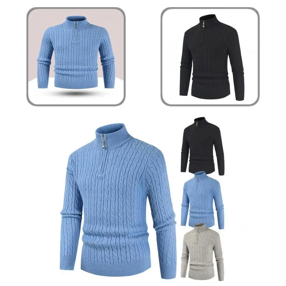 

Trendy Turtleneck Zipper Neck Men Twist Sweater Pullover Stand Collar Pullover Sweater Ribbed Cuff Streetwear