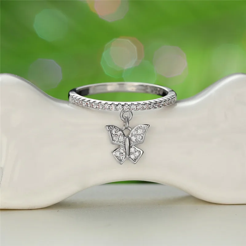 

Cute Female Crystal Small Butterfly Jewelry Rose Gold Silver Color Engagement Ring Vintage White Zircon Wedding Rings For Women