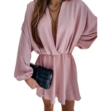 Escritório senhora cor sólida vestido feminino elegante profundo v neck solto vestidos de linha a moda casuallong manga mini vestido de festa (1)
