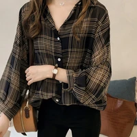 2022 hot spring autumn fashion womens shirt plaid design long sleeve button lapel loose shirt blouse for work