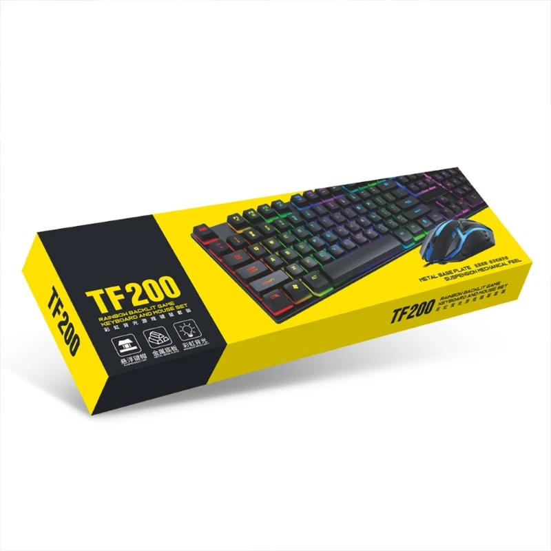 

Tf200 Gaming Mechanical Keyboard Mouse Set Rainbow Backlight Wired Mix Backlit Keyboard 104 Keys Anti-ghosting For Gamer