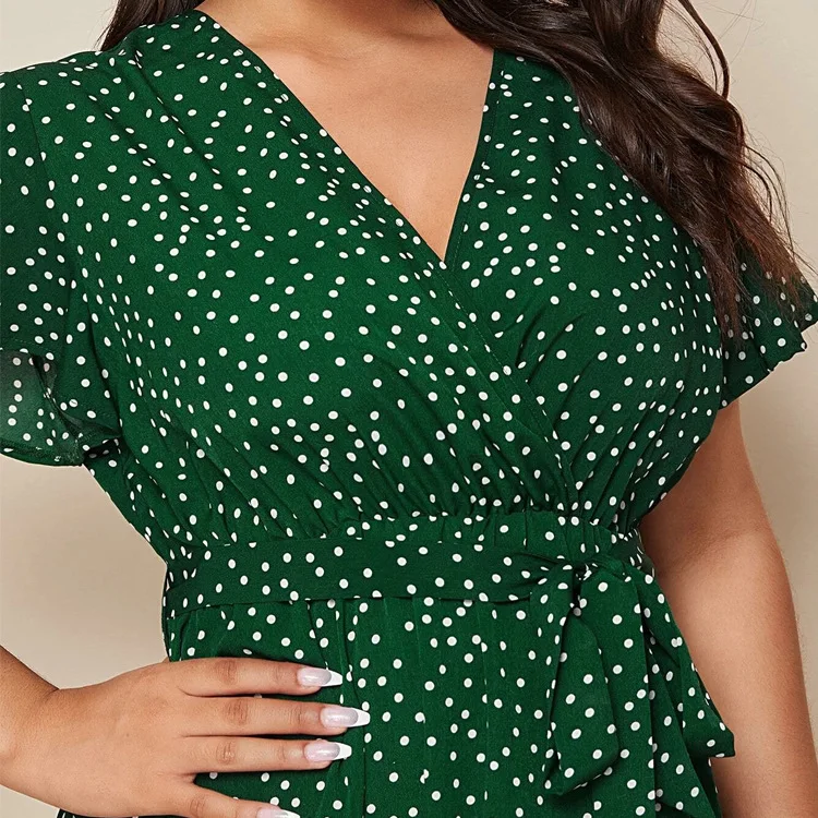 

Women Plus Size Dress Gree White Polka Dot V Neck Sashes Large Size Dress 2020 Summer Split Oversize Female Dress 4XL