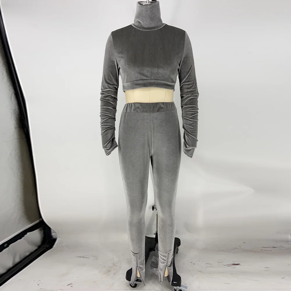 

Velvet Exposed Navel 2 Piece Sexy Suits Pleated Full Sleeve Turtleneck Short Tops and Fake Zippers Split Skinny High Waist Pants