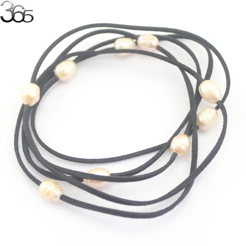 Бусины из натурального жемчуга колье черной кожи с крупным рисовым пресноводным