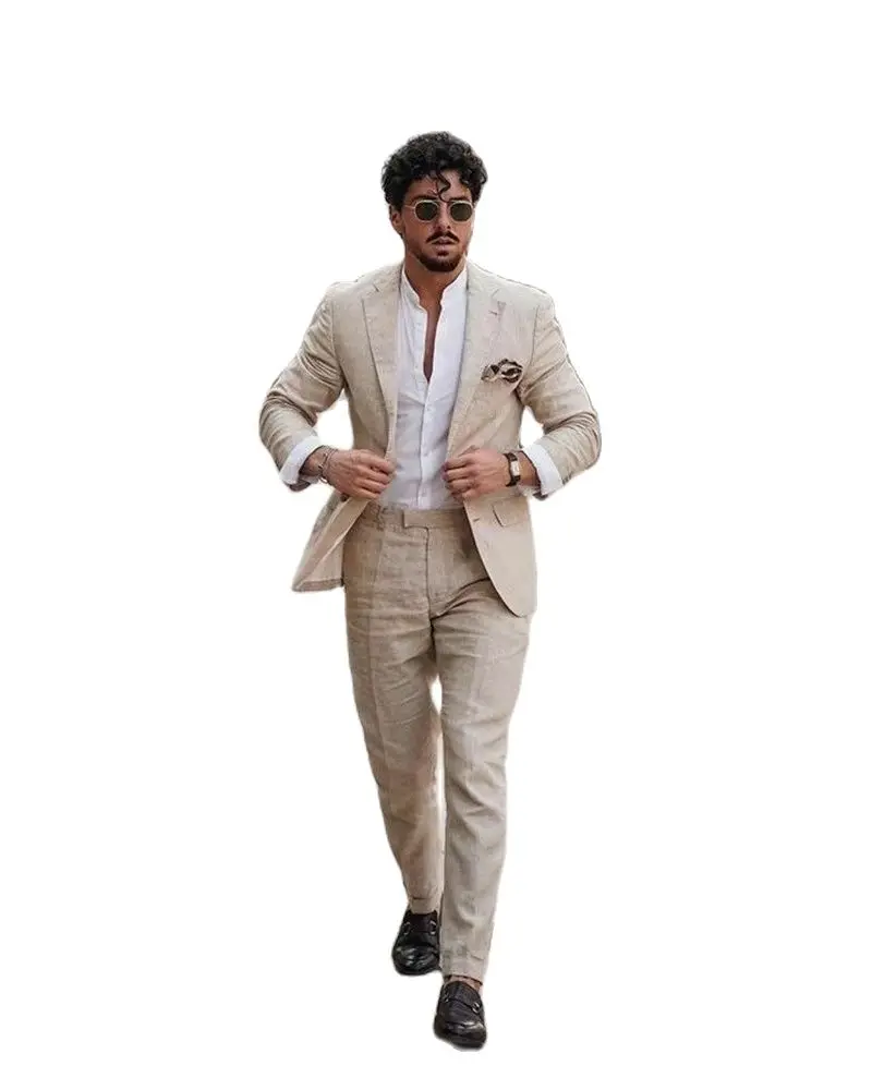 

Beige Linen Notch Lapel Two Buttons Men Suits Tailor-Made 2 Pieces Formal Business Tuxedos Blazer Work Wear Wedding Groom Prom