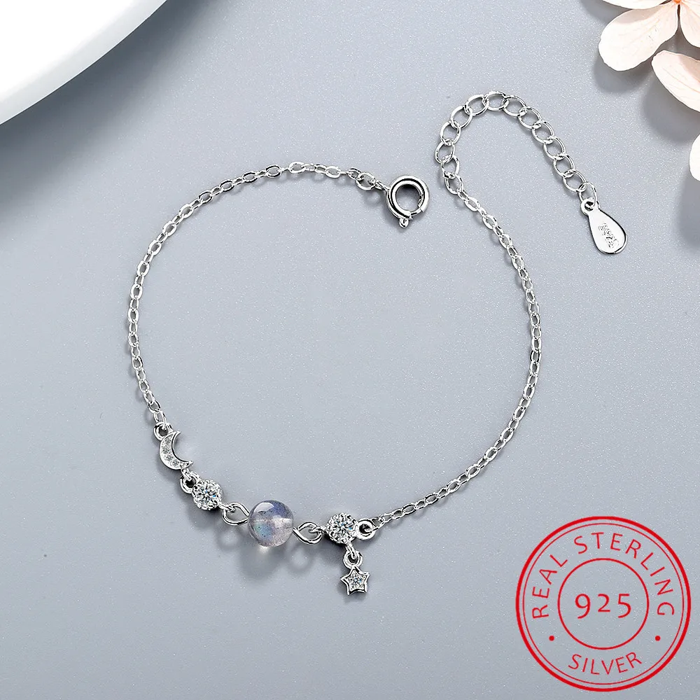 Женский браслет из серебра 925 пробы с Луной и звездами|Гибкие жесткие браслеты| |
