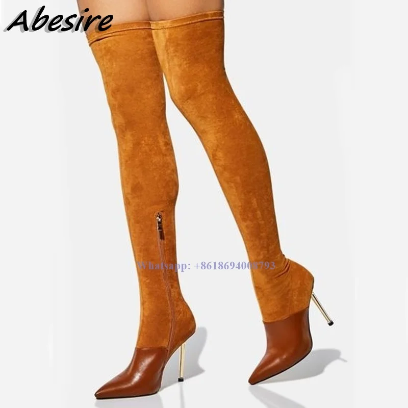 New Long Splicing Brown Boots Side Zipper Solid Stilettos High Heel Over The Knee Women Boots Pointed Toe Shoes botas de mujer