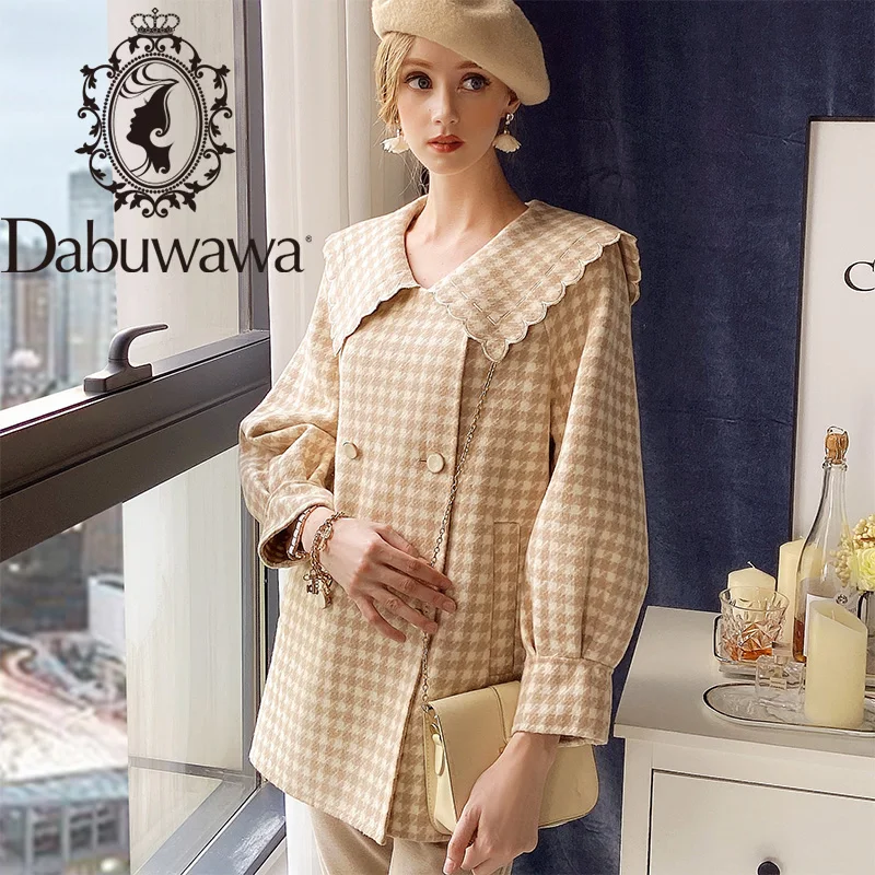 

Dabuwawa Fashion Plaid Wool Coat Women Winter Houndstooth Belt with Pocket Long Coat Autumn Warm Tweed Overcoat Female DT1DLN026