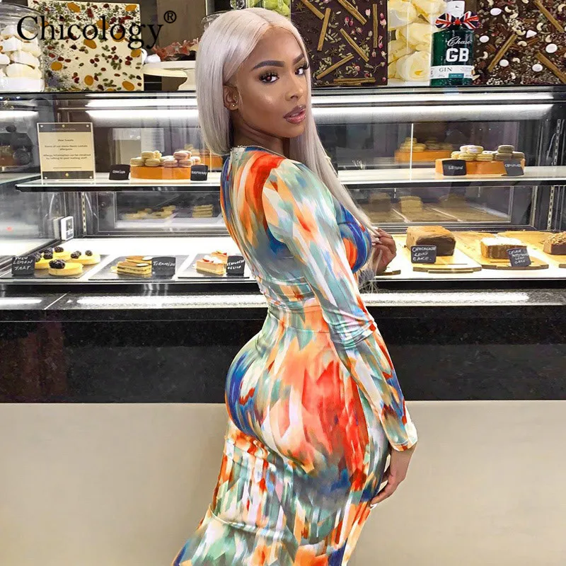 Chicology geometric print longs leeve v neck midi dress women sexy streetwear outfit 219 autumn winter party club casual clothes | Женская