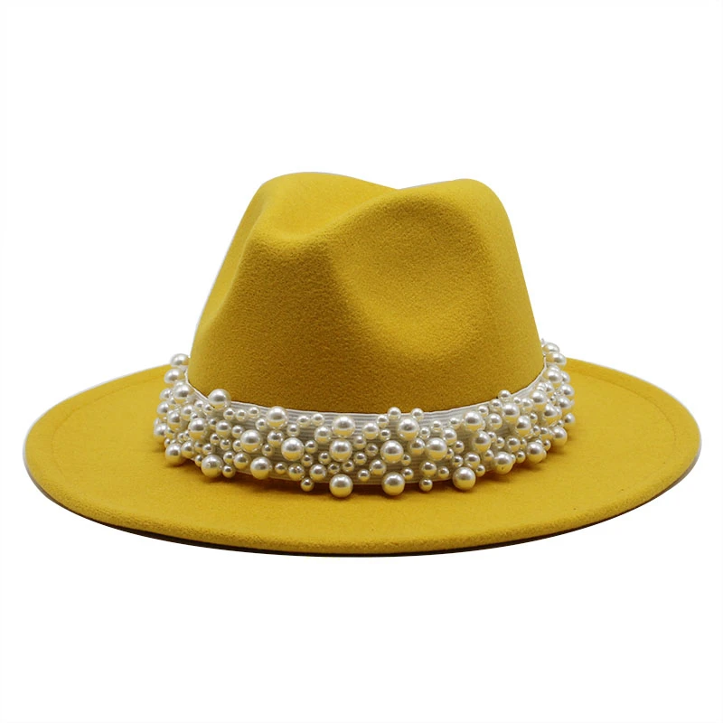 

2020 Women Men Wool Fedora Hat With pearl Ribbon Gentleman Elegant Lady Winter Autumn Wide Brim Church Panama Sombrero Jazz Cap