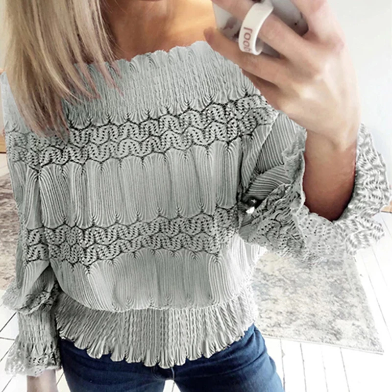 Fashion spring lace blouses women slim slash neck shirt sexy long sleeve work office tops Off Shoulder new summer female clothes |