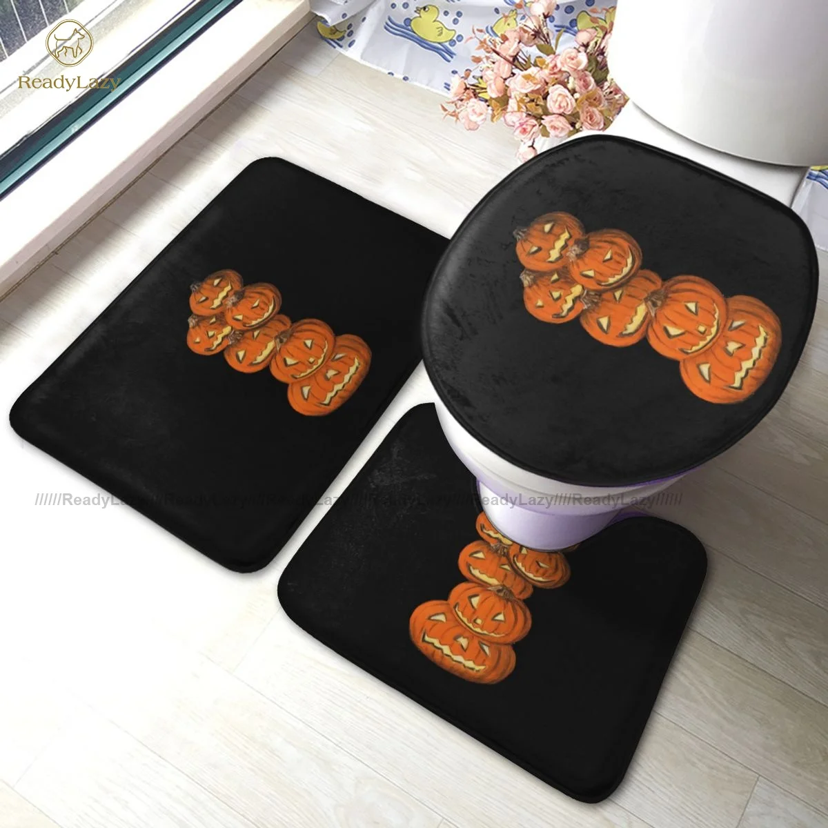 

Halloween Pumpkin Bath Mat 3 Piece Absorbent Modern Bathroom Mat Set Polyester Door Bathroom Rug