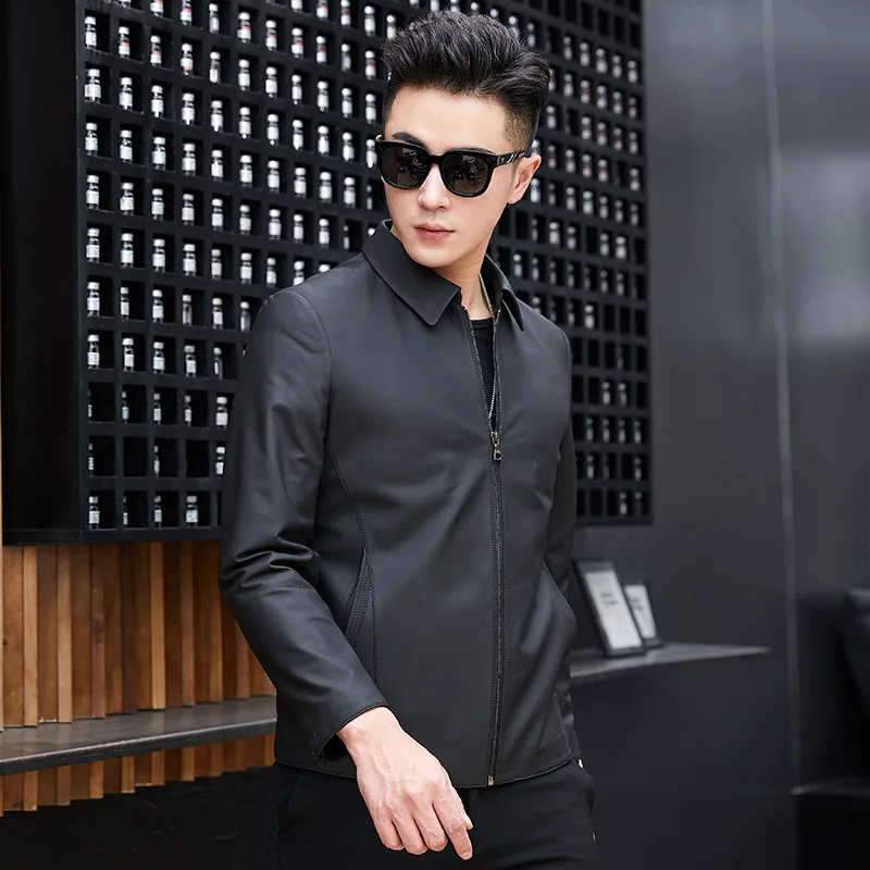 

Short leather jacket male Haining leather zipper dad fitted sheep leather business casual middle-aged leather jacket lapel leath