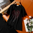 Свободная черная футболка женская летняя 2021 новая горячая дрель дикие топы модная рубашка с принтом в виде листьев и узором с короткими рукавами