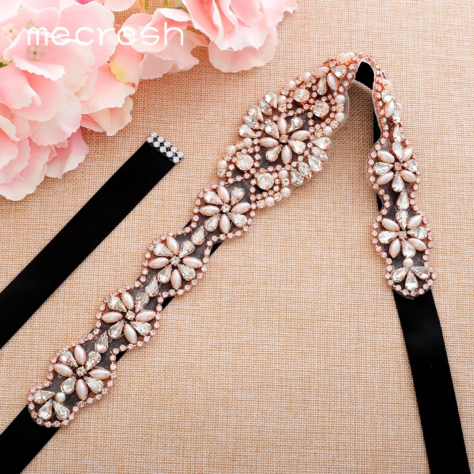 

Mecresh Rose Gold Color Simulated Pearl Crystal Bridal Wedding Dress Belt Handmade Flower Shape Rhinestone Bride Belt MYD032