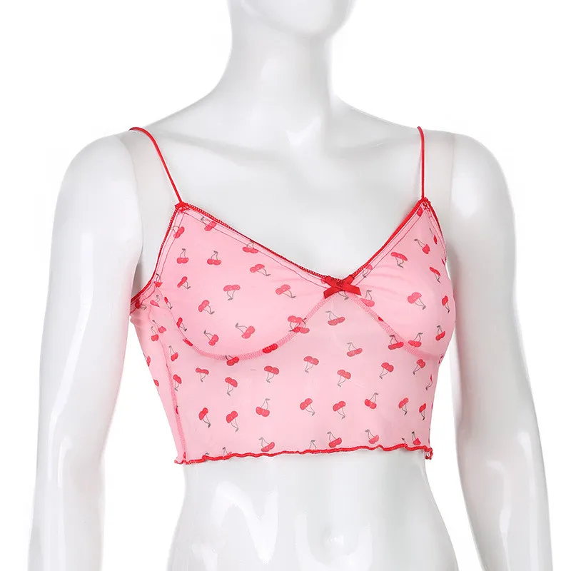 

Women Top Floral V-neck Sling Bow Ruffle Sleeveless Umbilicus Exposure Cherry Printed Bowknot V-neck Camisole with Wooden Ears