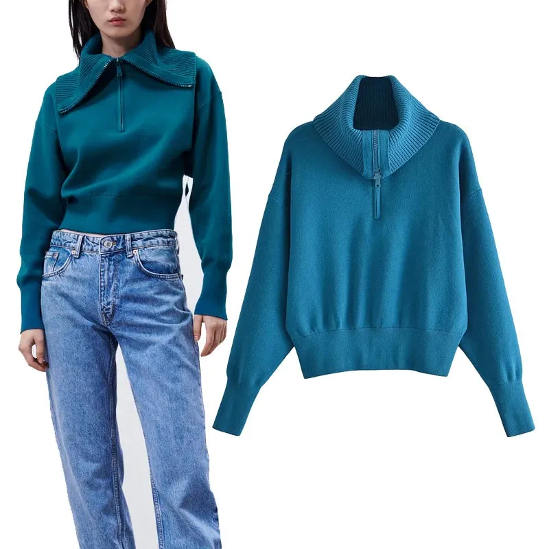 

Za 2021 Blue Zipper High Collar Knit Sweatshirt Women Long Sleeve Oversized Pullovers Woman Chic Winter Streetwear Sweatshirts