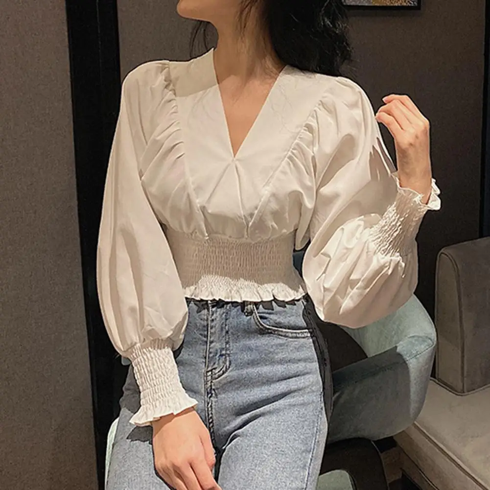 

Fashion Shirts Tops Women Solid Color V Neck Puff Sleeve Blouse Waist Tight Office Shirt Ladies Casual Spring Autumn 3 Colors