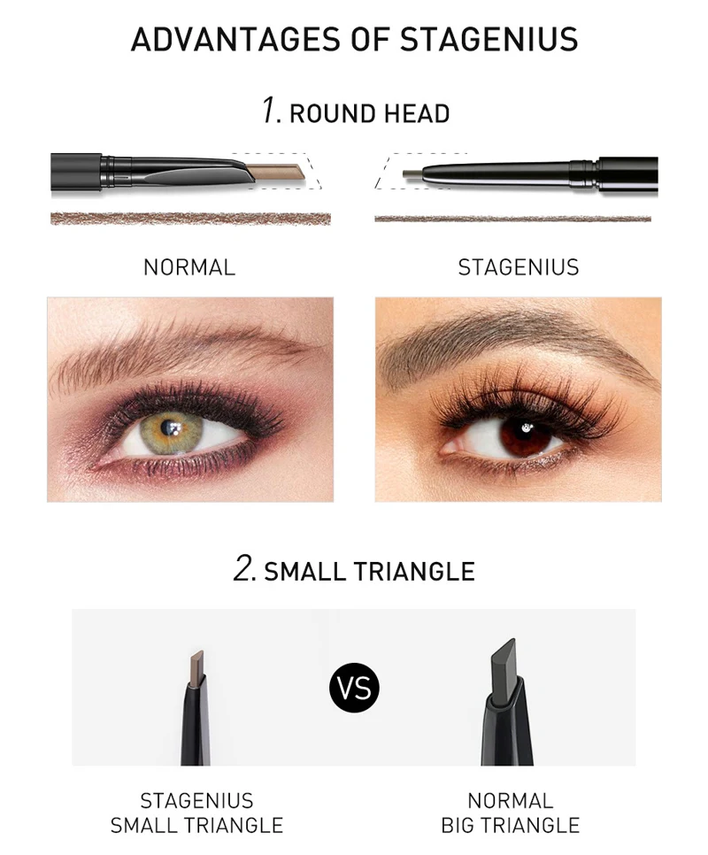 Супертонкий карандаш для бровей с круглой и треугольной головкой устойчив к поту