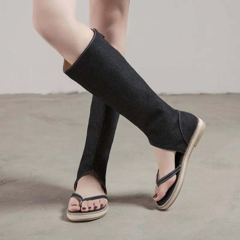 Женские сандалии на плоской подошве Пляжная обувь Джинсовые летние сапоги