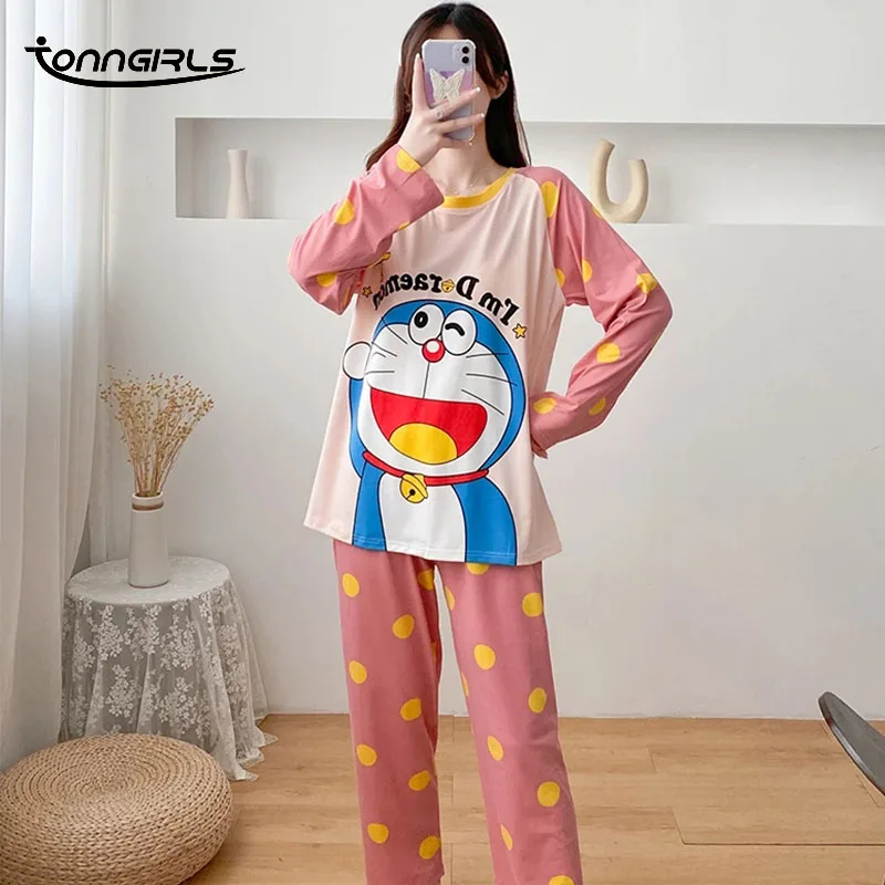 

Tonngirls Cartoon Doraemon Spring Pajamas Set Women Pyjamas Homewear Long Sleeve Sleepwear Home Clothes Night Suit Female 2021