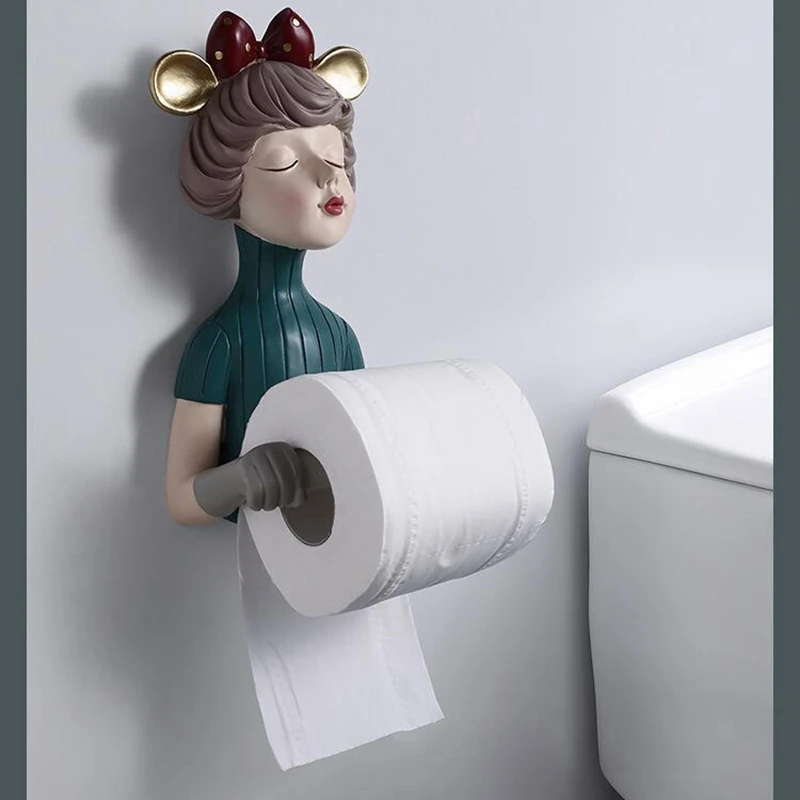 

2 Pcs Nordic Bow-Knot Girl Statue Roll Paper Towel Holder Rack Napkin Holder Decor, Green & Red CNIM Hot