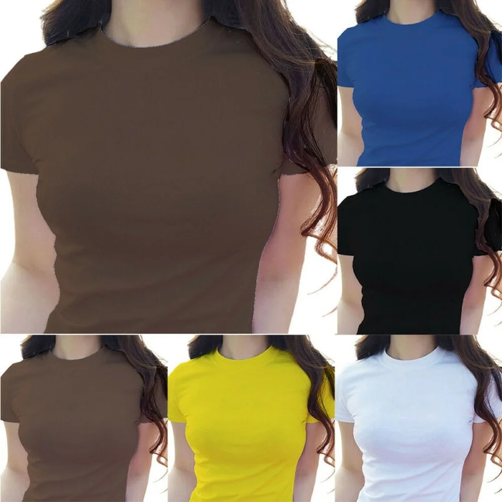 

Ladies Womens Plain Crew-Neck Short Sleeves Slim Fit T-Shirts Summer Tops Tee UK