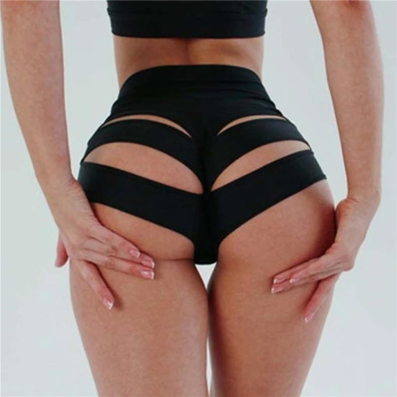 

European And American Slim Sports High-waist Stretch Women's Shorts Abdomen Running Ladies Shorts Hollow Shorts For Female