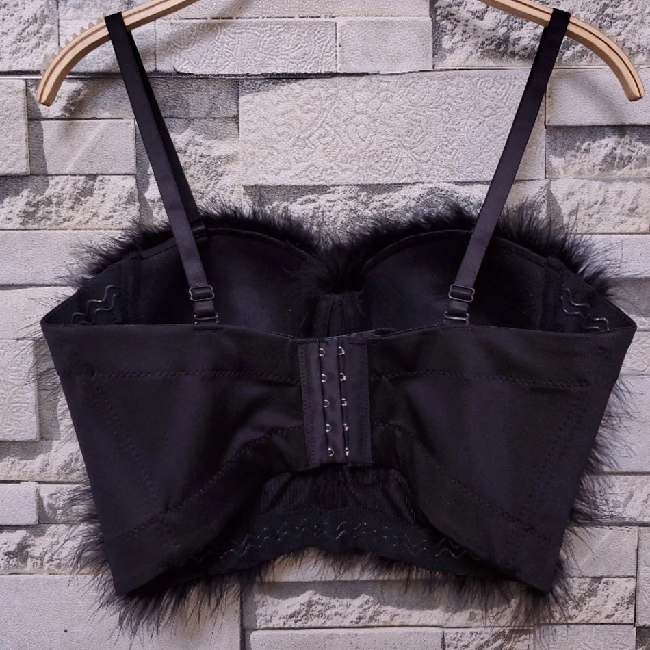 Miss Water 2020 New Summer Women Black Tops Sexy Faux Fur Spaghetti Strap Sleeveless Hot Top Club Celebrity Party Tops Vestidos