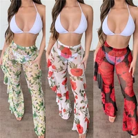women see through sexy soft breathable fashion bikini cover upsfloral print high waist long pants with ruffles for female