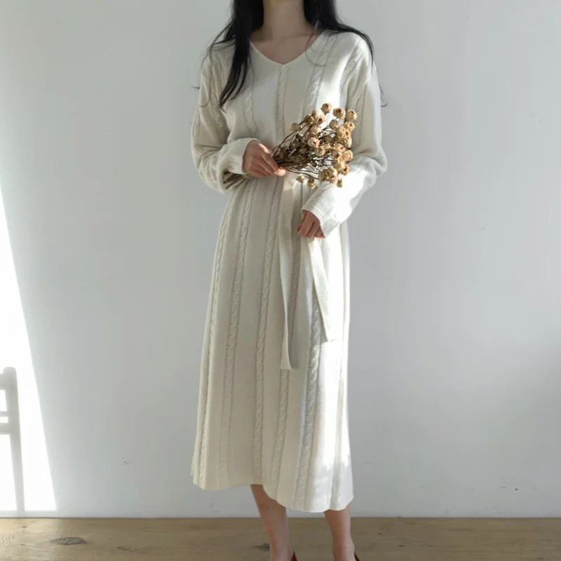 

Casual Korean Autumn Winter Sweater Long Nightgown for Hot Women Dressed in Knitted or Crocheted Femme Dress