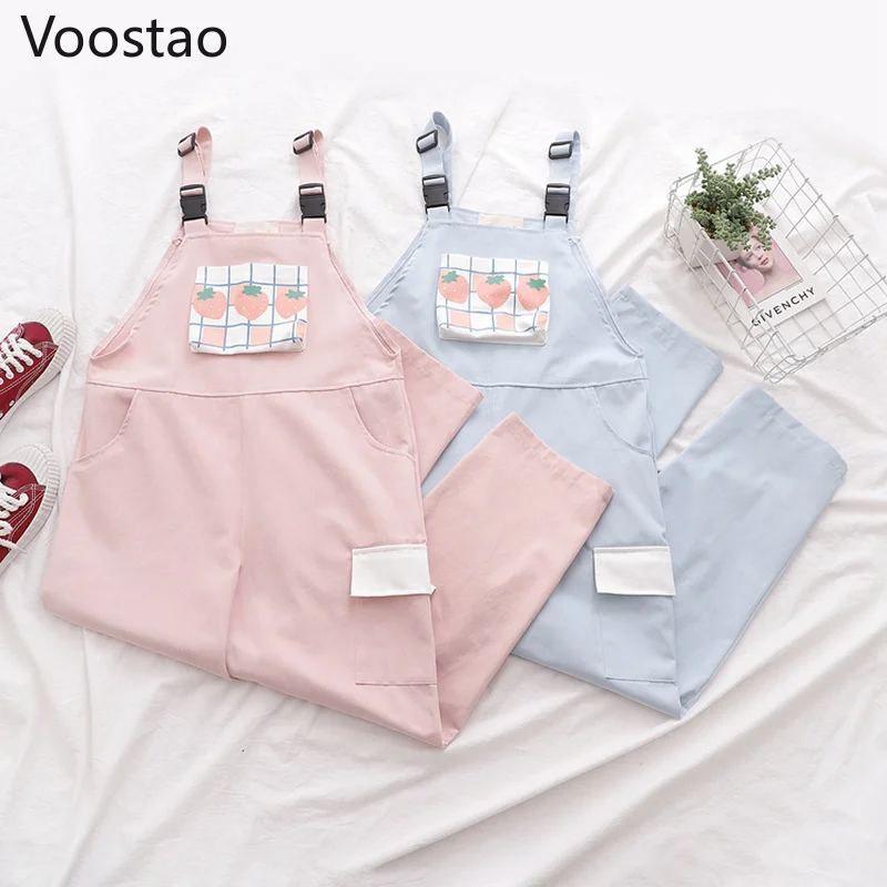 Harajuku Sweet Lolita Strap Pants Women Kawaii Plaid Strawberry Print Trousers Female Loose Overalls Girls Cute Vintage Jumpsuit