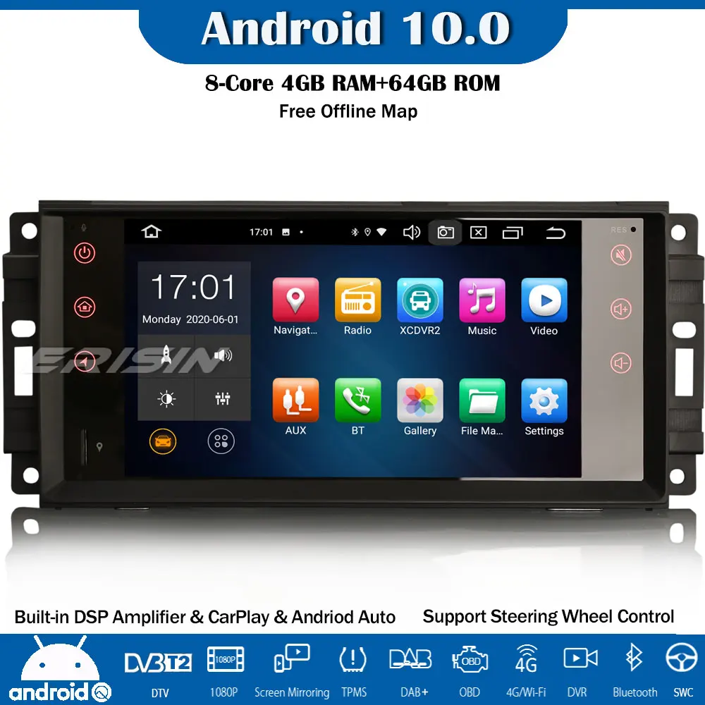 Erisin ES8176J DAB + Android 10 Автомагнитола DSP GPS CarPlay Wifi USB для Jeep Compass Wrangler Dodge Challenger Chrysler |
