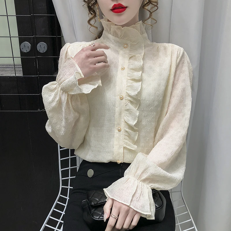 

Flared Sleeve Chiffon Shirt New 2021 Spring Autumn Women's Shirt Elegant Loose Ruffles Blouse Plus Size Tops