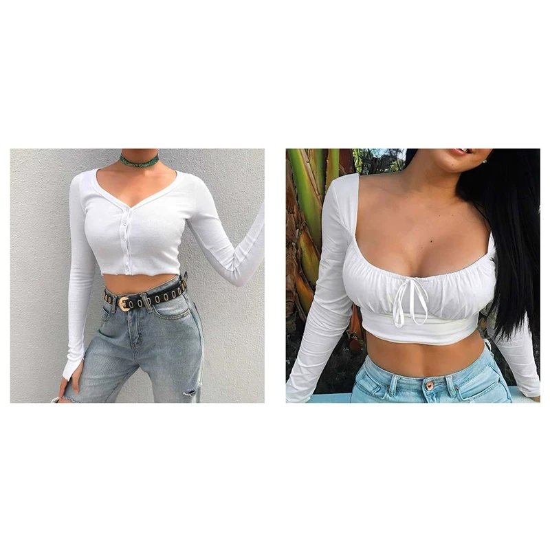 

Укороченный топ, рубашки с длинным рукавом, женская блузка на шнуровке, белый и короткий кардиган M, Женский однотонный топ с длинным рукавом...