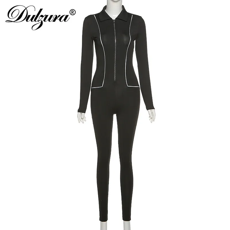 

Dulzura Patchwork Reflective Women Long Sleeve Jumpsuit V Neck Turn Down Collar Skinny Bodycon Sexy Streetwear Sporty Casual