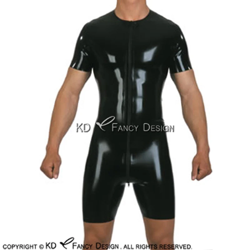 Black Sexy Latex Catsuit Front To Back Crotch Zip Short Sleeves Round ...