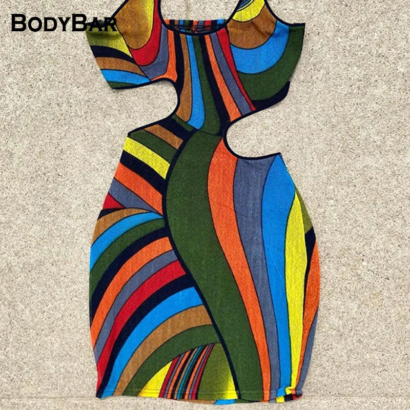 

Sexy Hollow Out Abstract Print Dress Sleeveless Sling Mini Dress Lady Dress Nightclub Streetwear Skinny Low-Cut Dresses Vestidos