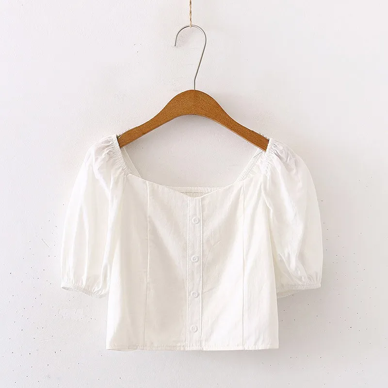 

Summer Vintage Puff Sleeve Women Blouse Solid Color Square Neck Korean Style Tops Elegant Sexy Slim Blouse