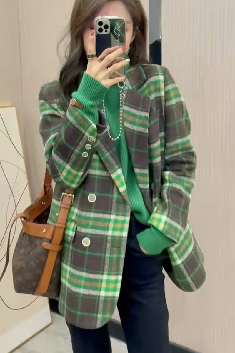 Autumn and Winter 2021 New Quilted Suit Jacket Women Wild Thick Fried Street Contrast Green Plaid Top Tide Blazer Women