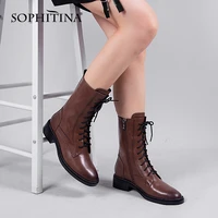 sophitina casual women boots high quality genuine leather round toe square heel lace up shoes office lady zipper new shoes k178