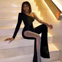 sexy black fishnet diamond stitching jumpsuit women one shoulder long sleeved bodycon wide leg jumpsuit evening party jumpsuit