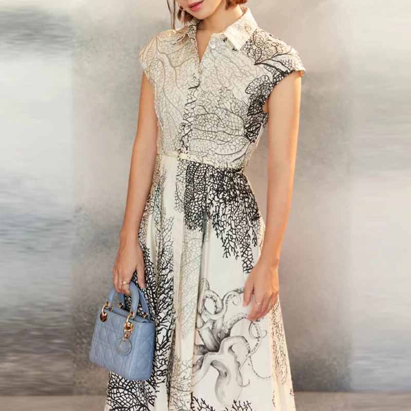 

Fashion Designer 2022 Spring Summer Midi Dress Women Single Breasted Vintage Printed with Belt Office Lady Dresses