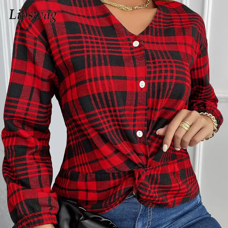 

Женская однобортная Блузка в клетку, с длинным рукавом и V-образным вырезом