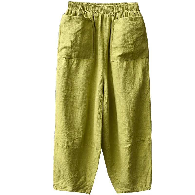

Elastic high waist Cotton Linen Women Harem Pants Solid Yellow Red Gray Casual Summer Pants Capri Novelty design Harem Trousers