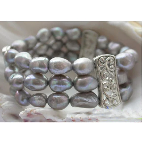 

Unique Design AA Store Baroque Pearl Jewelry Stretch 3 Rows Gray Rice Freshwater Pearl Tible Silver Bracelet Charming Women Gift