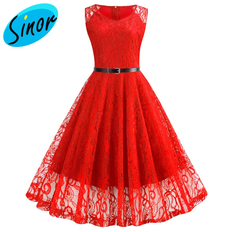 

Women's lace dress temperament round neck big pendulum retro dress belt banquet dress