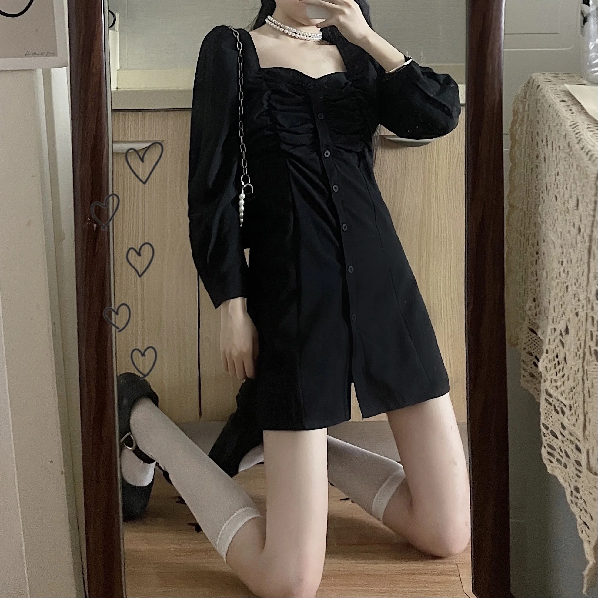 

CMAZ 2021 Early Autumn New Fashion Slimming Mid-Length Dress for Fat Girls Square Collar Long Sleeve Hepburn Style Dress