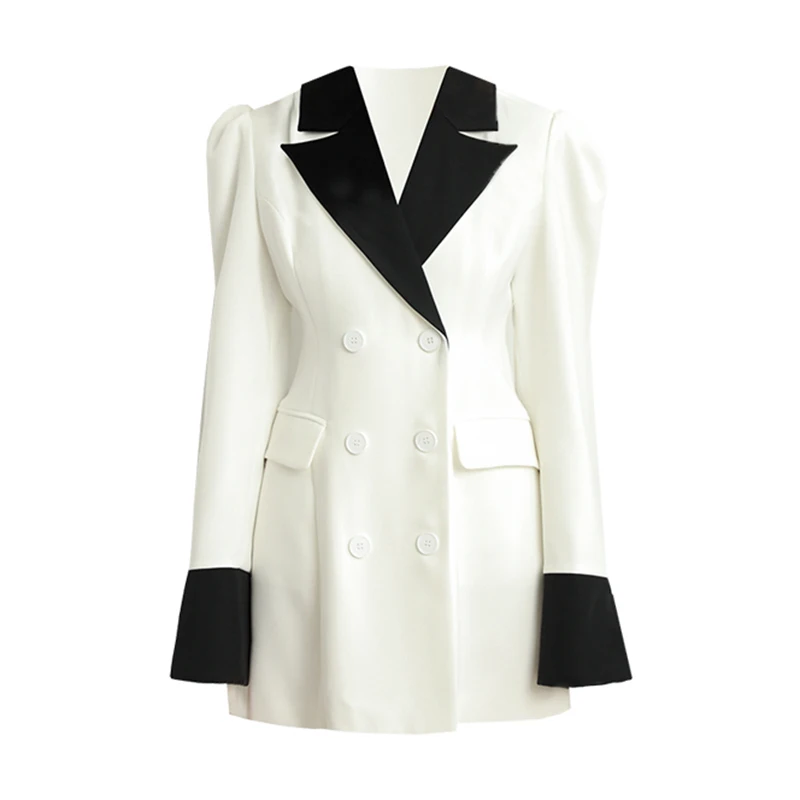 

TWOTWINSTYLE Patchwork Hit Color Dresses For Female Lapel Collar Long Sleeve High Waist Slimming Womens Dress 2021