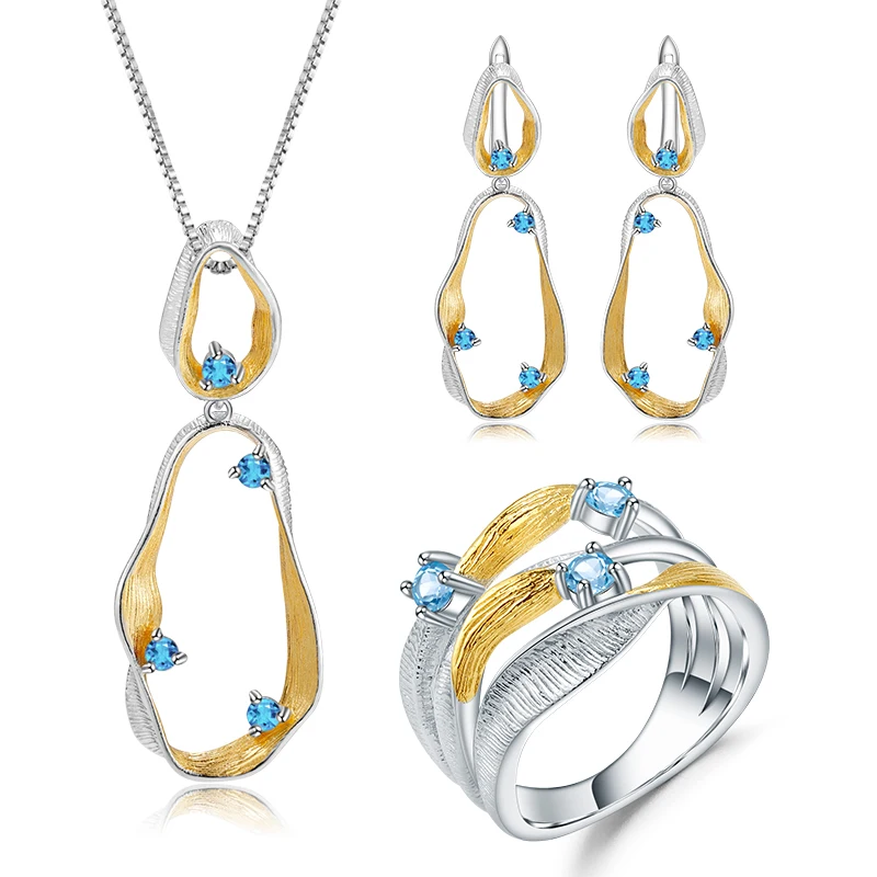 

GEM'S BALLET 925 Sterling SilverHandmade Twist Jewelry Natural Blue Topaz Set Ring Earrings Pendant Set For Women Fine Jewelry